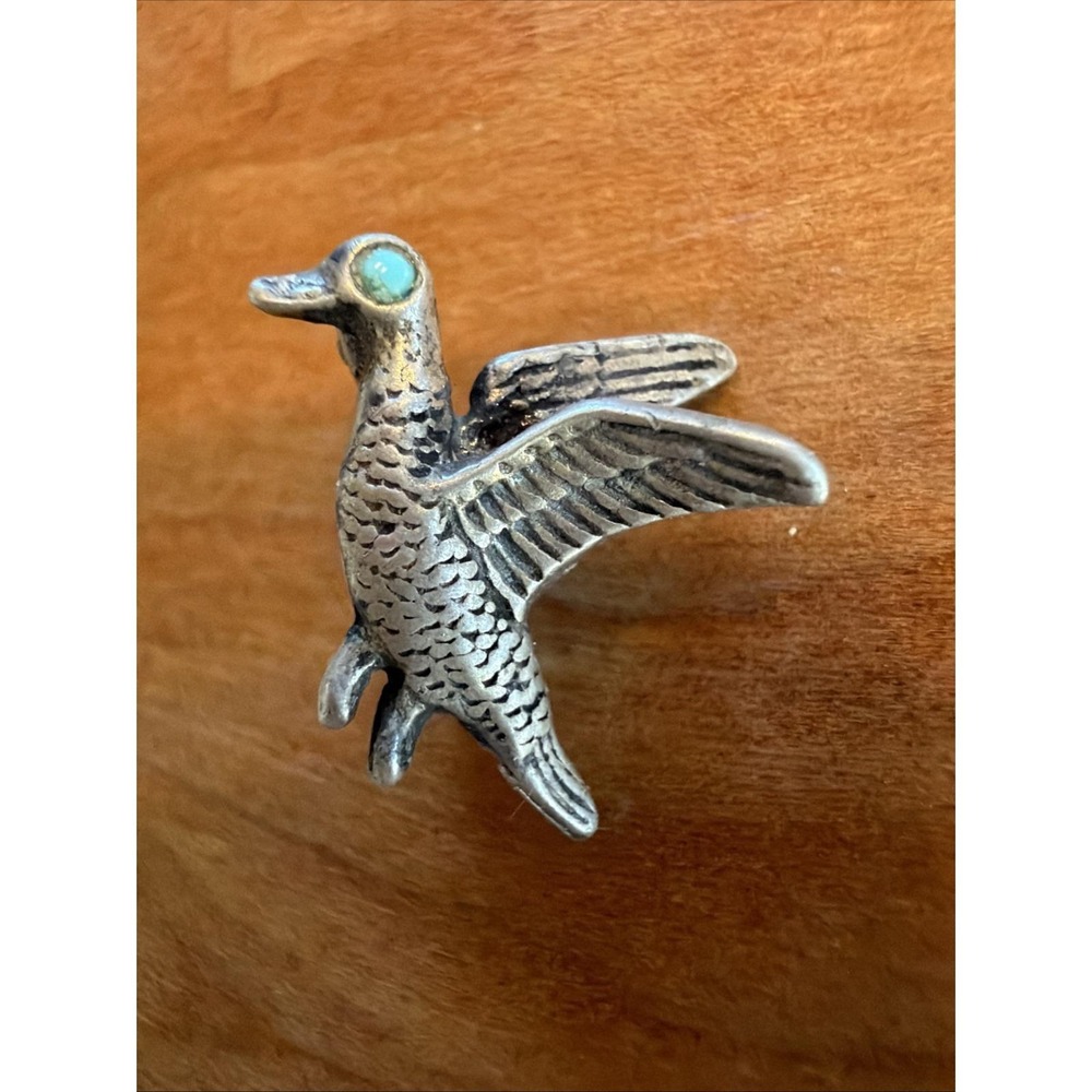 Vintage Sterling Silver Small .75"Bird Brooch Pin w Blue Cabochon Eye, c. 1950s
